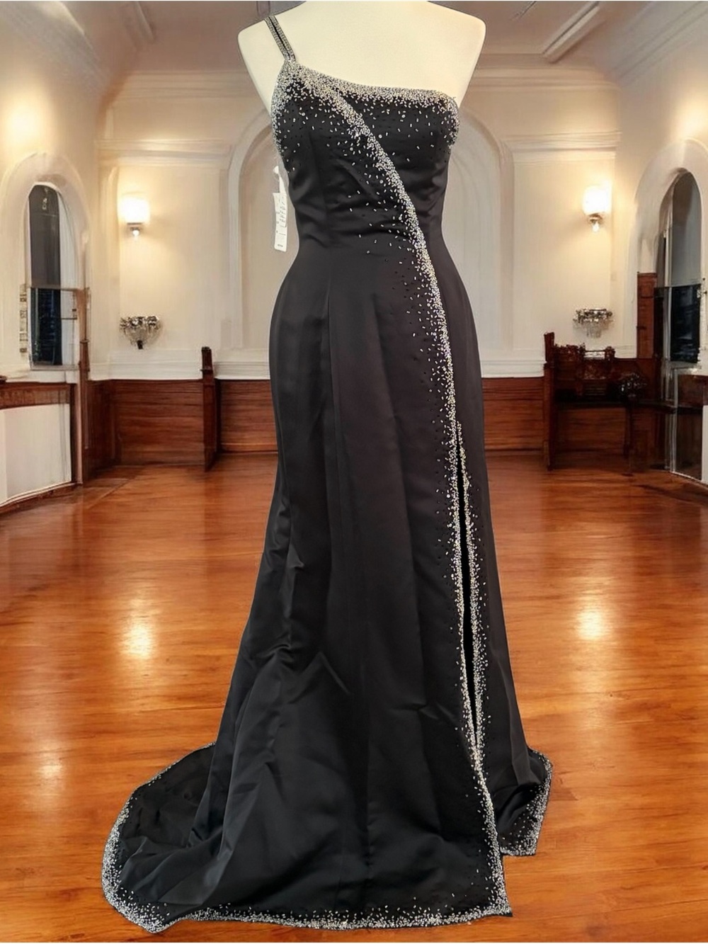 Precious Formals Black One-Shoulder Evening Gown with Silver Crystal Accents